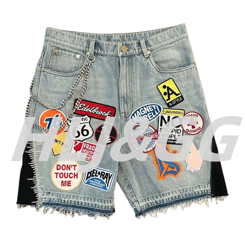 HLJ&GG Blue Retro Fashion jeans Two Piece Sets Women One Shoulder Short Sleeve Crop Top+Jeans Shorts Outfits Fashion Streetwear