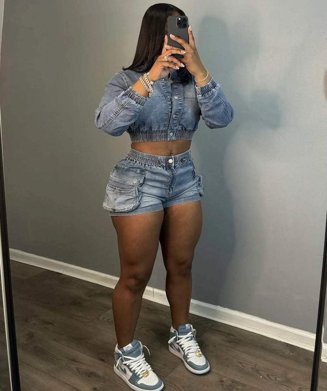 HLJ&GG Blue Fashion jeans Pocket Cargo Shorts Two Piece Sets Women Zipper Long Sleeve Crop Top And Shorts Outfits Cowboy Suits