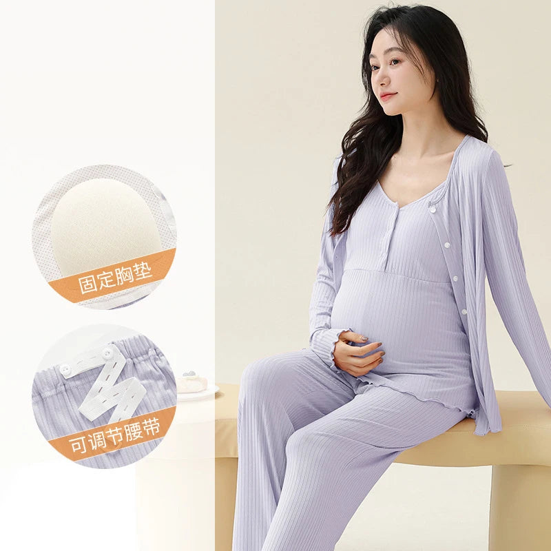Pregnancy Comfort Pajamas Set Solid Color Long-sleeved Pants and Halter Vest Three-piece Maternity Nursing Homewear Sleepwear
