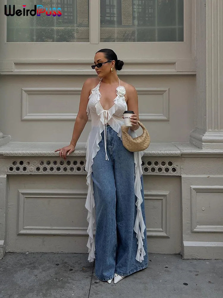 Weird Puss Blossoms Tank Tops Women Ruffles Y2K Summer Trend Sexy V-Neck Irregular Tassel Halter Backless Wild Street Camisole