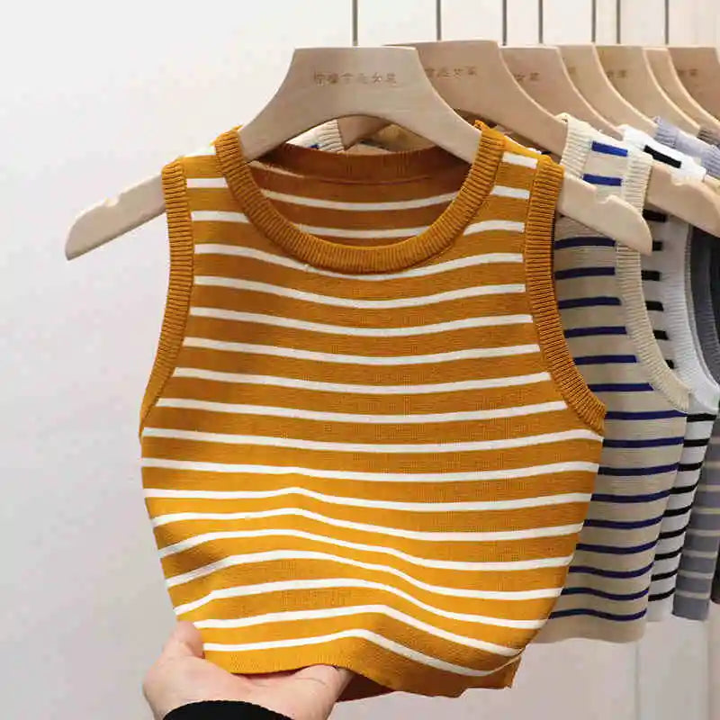 2026 Spring Summer New Sleeveless Ice Silk Knit Tank Top Striped O-Neck Women's Camisole Slim Fit Versatile Sexy Crop Tops
