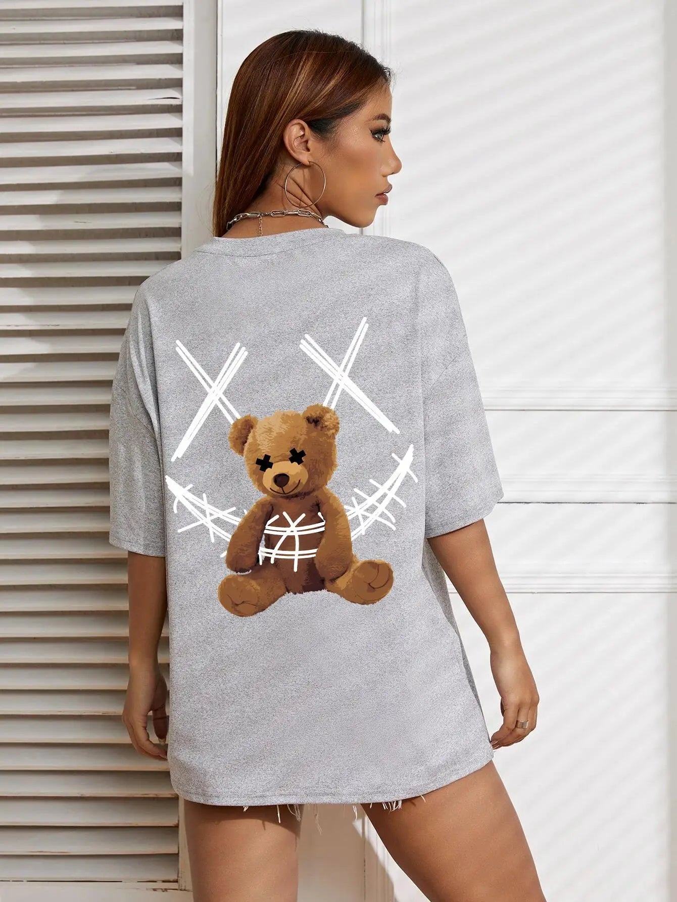 A Stuffed Bear Bound With A Bandage Print T-Shirts Female Casual Soft Tops Fashion Cool Tee Clothes Street Summer Short Sleeves