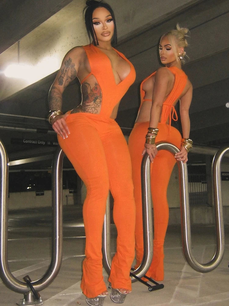 Weird Puss Sexy Hipster Women Tracksuit 2 Piece Set Deep V-Neck Sleeveless Bodysuit+Leggings Matching Hipster Streetwear Outfits