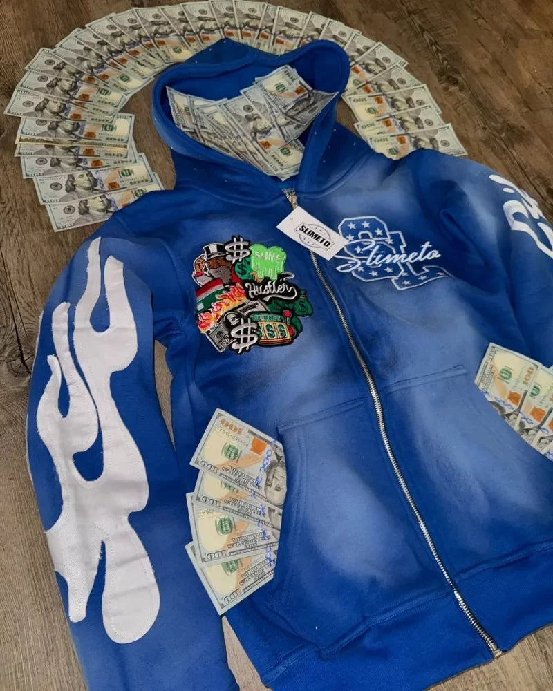 Harajuku Trend Brand Casual Loose Oversized Zipper Hoodie Men Y2k Gothic Retro Letter Flame Embroidered Sweatshirt Jacket Women