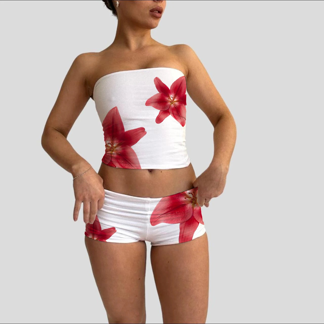 hirigin Vacation Lounge Oufits 2 Pice Set Flower Print Strapless Crop Tube Tops Bandeau + Skinny Mini Skirt Wrap Bodycon Women