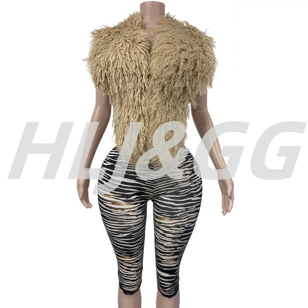 HLJ&GG Fashion Hot Girl Fur Feather Halter Top Two Piece Sets Women Sleeveless Backless Slim Waistcoat And Leopard Shorts Outfit