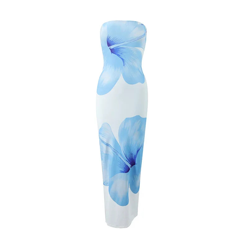 Women's Fashion Sexy Flower Print Strapless Long Dress Summer Vacation Elastic High Waist Slim Fit Party Evening Dress 2025