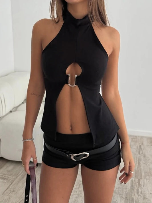 Weird Puss Metal Ring Tank Tops Women Y2K Chic Split Navel Backless Coquette Buttons Halter Sexy Hottie Midnight Wild Basic Vest