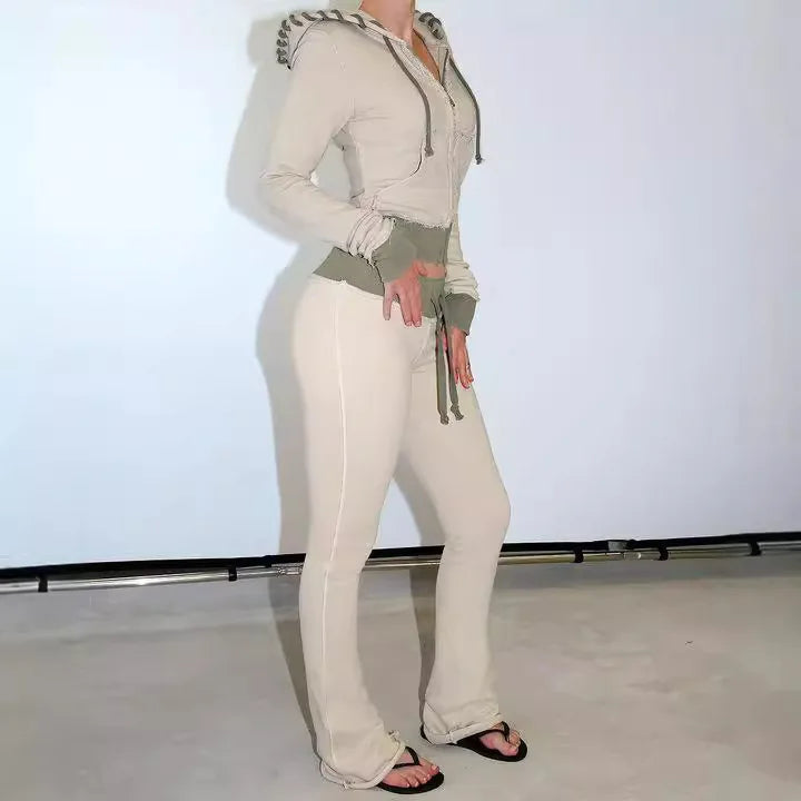 Autumn Winter Fashion Street Women Two-piece Casual Solid Color Zipper Cardigan Slim Hoodie With Bodybuilding Pants Sports Suit