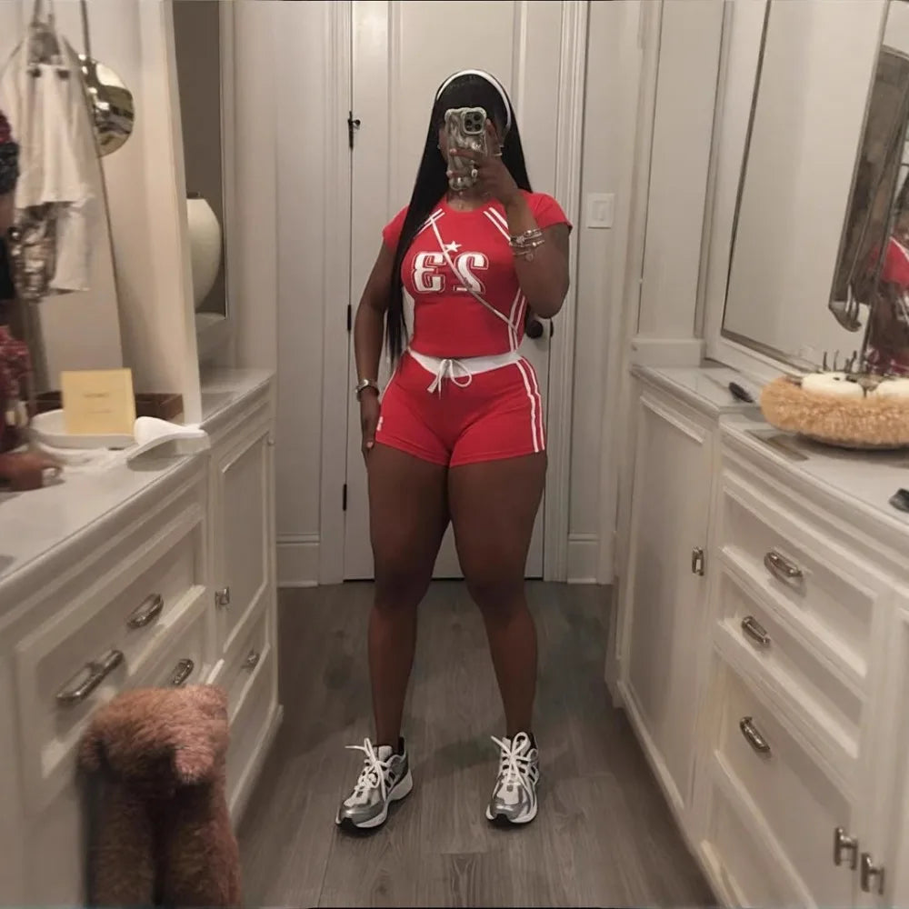 HLJ&GG Summer New Letter Print Drawstring Shorts Two Piece Sets Women Round Neck Short Sleeve Slim Crop Top And Shorts Outfits