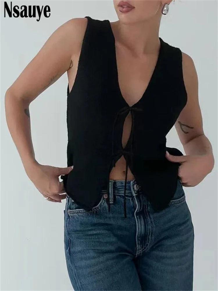 Nsauye 2024 Fashion Summer Y2K Crop Tops Women Knitted Sleeveless Cardigans Tops Outer Wear Sexy Club Lace Up Vest Tank Tops