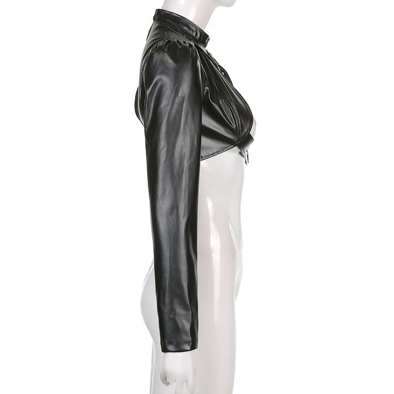 Women PU Leather Jackets Fashion Punk Gothic E Girl Y2K Crop Tops Single Long Sleeve Neck Hanger Buckle Belt Coat Outerwear