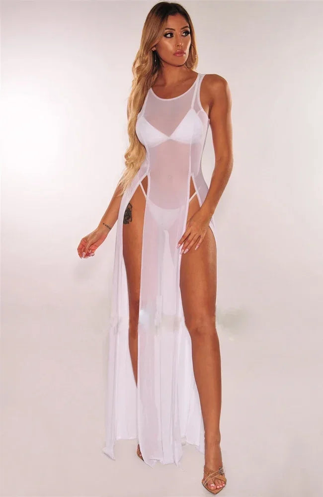 Sexy Womens Mesh Sheer Long Dress Ladies Bikini Cover Up Beach Sundress Solid See-through Long Dress Sleeveless Strap Dress