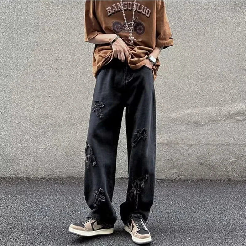 Straight Leg Denim Jeans Male New Fashion Casual Loose High Street Y2k Pants New Wide Leg Hip Hop Black Blue Pants