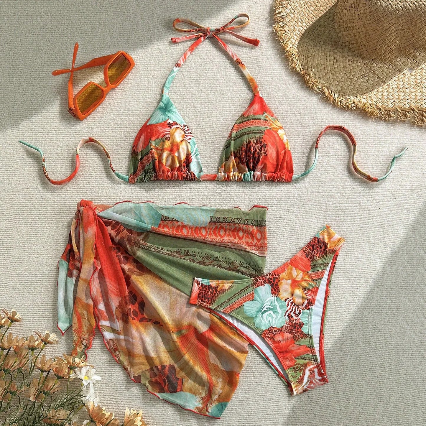 Orange Flower Print Swimwear Halter String Triangle Bikinis Sets 3 Piece Cover Ups Sexy Swimsuit Women 2026 Beach Wear Bikini