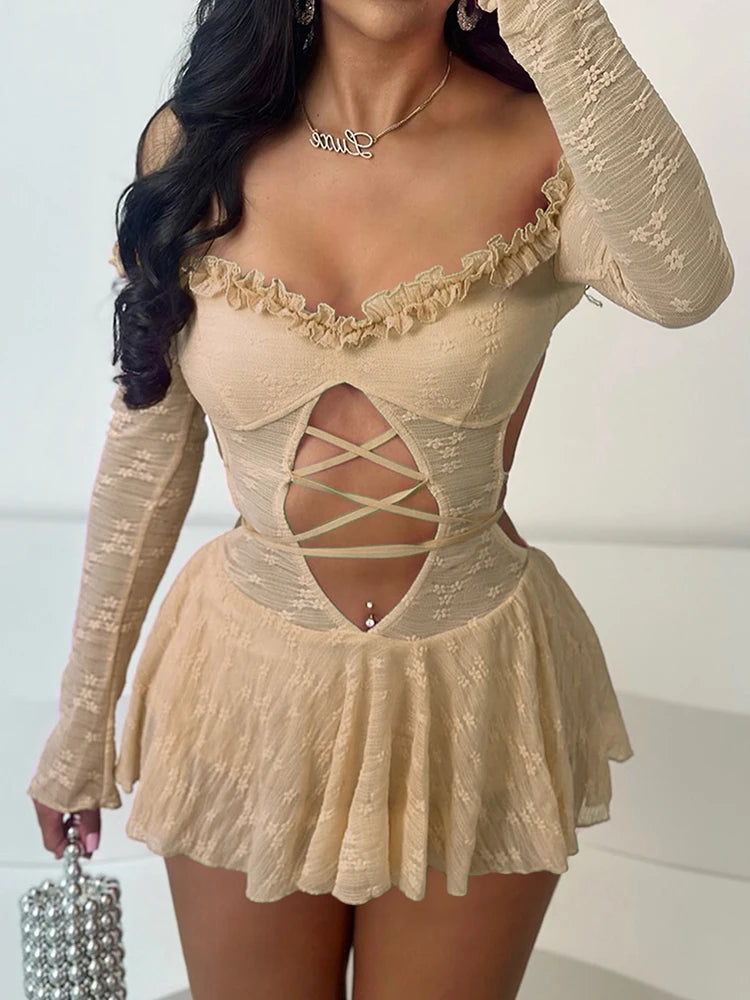 Weird Puss Slash Neck Backless Dress Sexy Fall Trend Women Thin Bandage Hollow Lace Birthday Party Stretch Jacquard Mini Bodycon