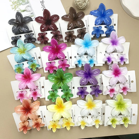 3Pcs Sweet Colorful Plumeria Flower Shark Clip Hair Claw Bohemian Ponytail Clip Plastic Hairpin Barrette Summer Hair Accessories