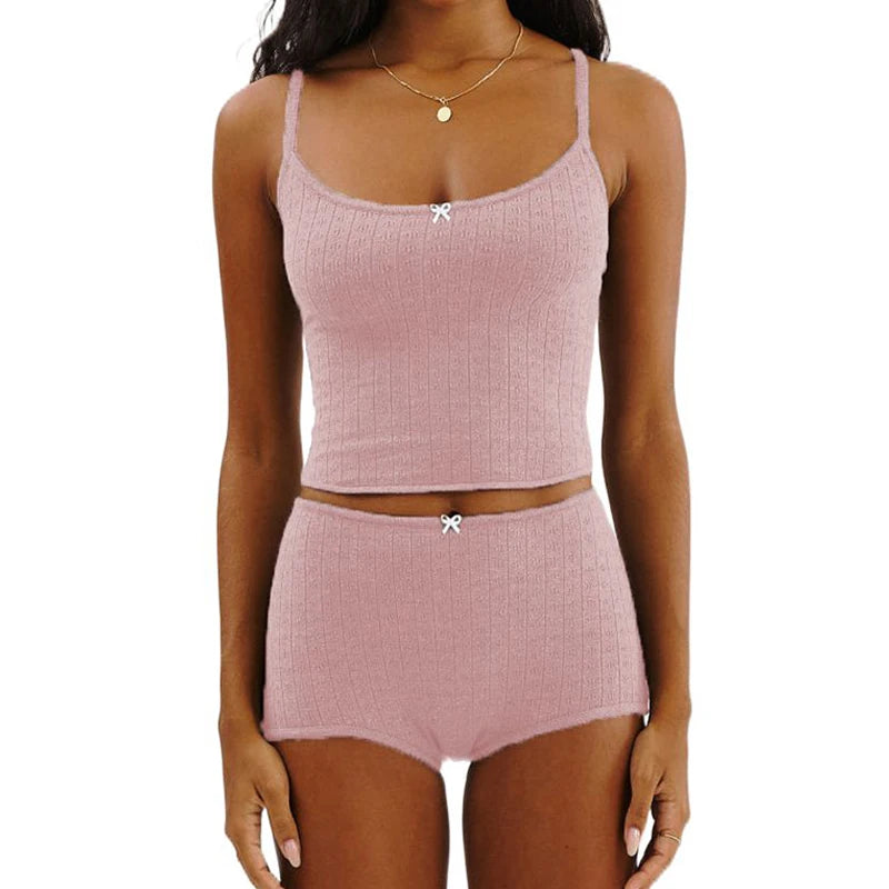 Women Casual Lounge Suit Vintage Cottage Eyelet 2 Piece Set Outfits Spaghetti Strap Camisole + Micro Shorts Y2K Kawaii Crop Tops