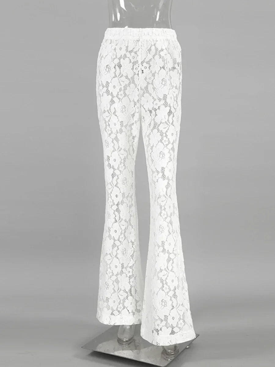 Bornladies Sexy Perspective White Flare Pants Summer Women Vacation High Waist Long Trousers Lace Beach Style Female Pants 2025