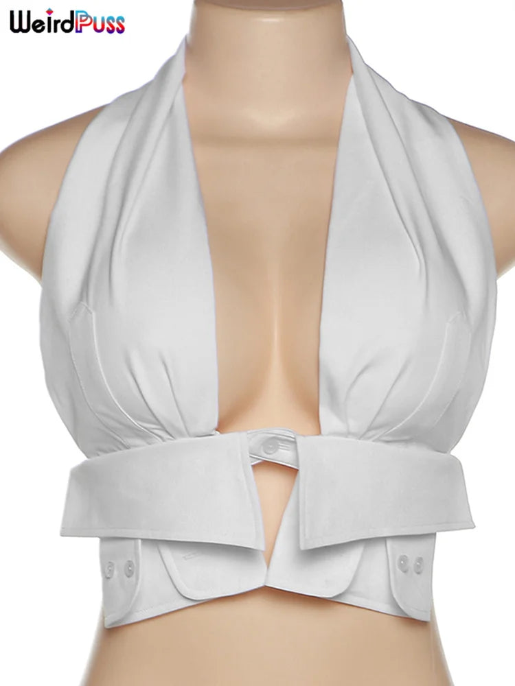 Weird Puss Y2K Button Halter Camisole Women V-Neck Skinny Elegant Sexy Summer Fashion 2022 Wild Streetwear Backless Tank Tops