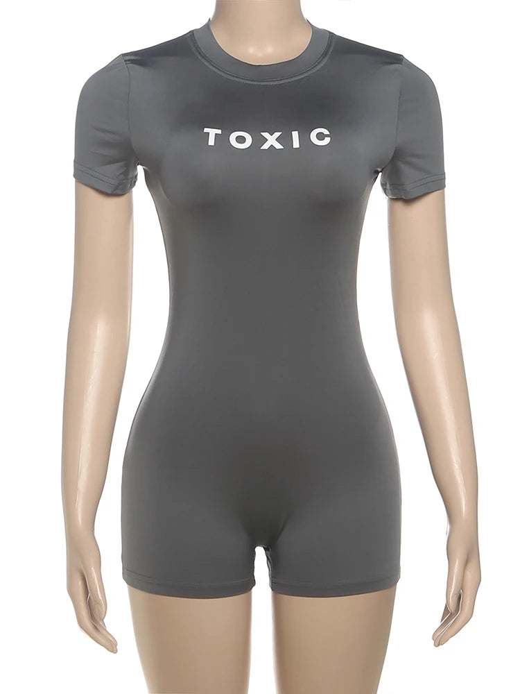 Weird Puss Letter Print Fashion Romper Women Body-Shaping  o-Neck Mini Sleeve Tight Peach Hip Casual Simple Workout Playsuits