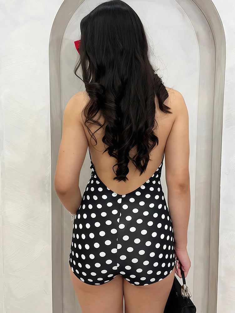 Weird Puss Fashion Swing Collar Romper Women Trend Sexy Hottie Backless Polka Dot Print Halter Midnight Party Street Clubwear