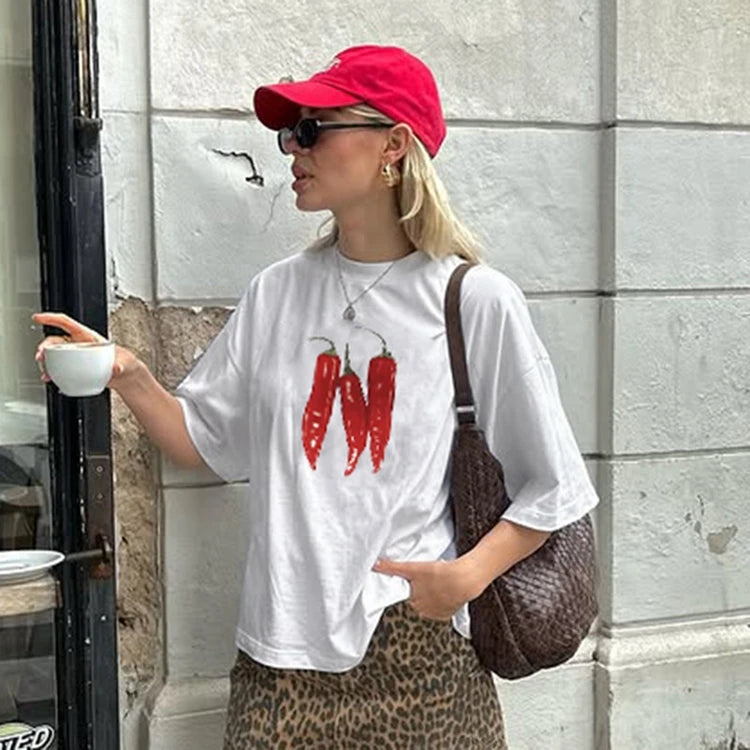 STYLISH LADY Chili Printed T Shirts 2025 Summer Women Short Sleeve O Neck Casual Loose White Streetwear Tops Tees