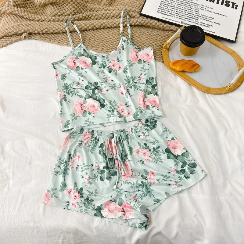 Women's Summer Printed Cami Sleeveless Top and Shorts Pajama Sets Female Soft Breathbale Nightwear Adjustable Belt Sleepwear New