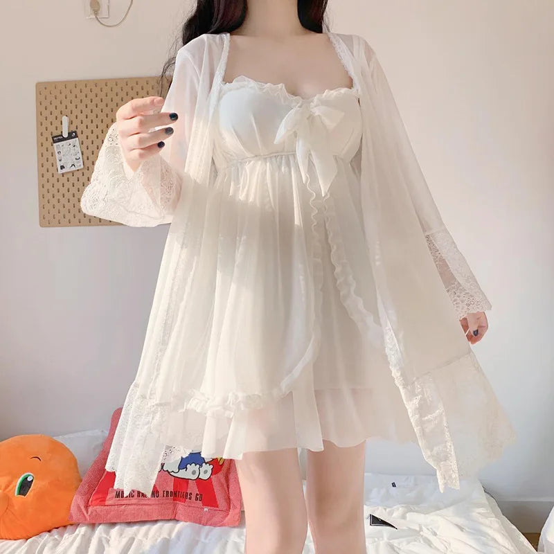 Summer Sexy Pajamas with Breast Pads Female Lace Pajamas Robe Gown Set Sexy Sleepwear White Lace Night Gown  Lingerie for Women