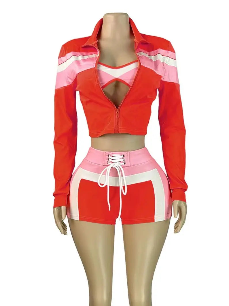 Weird Puss Colorful Print 3 Piece Set Women Tracksuit Casual Zip Crop Tops+Bra+Shirring Shorts Matching Street Stretch Outfits