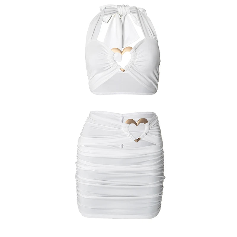 Weird Puss Love Rings Patchwork 2 Piece Set Cross Women Halter Crop Tops+Ruched Hollow Skirts Matching Hottie Street Trend Suits