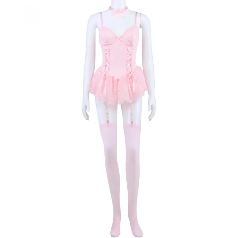Lace Fancy Patchwork Garters Sexy Lingerie Girly Pink Corset Dress Stocking Matching Cute Sexy Uniform Lingerie New