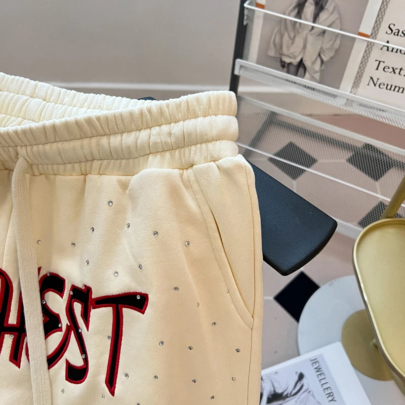 Diamond Patch Embroidered Letter Logo Casual Shorts Loose Drawstring Shortpants Jorts for Men Women