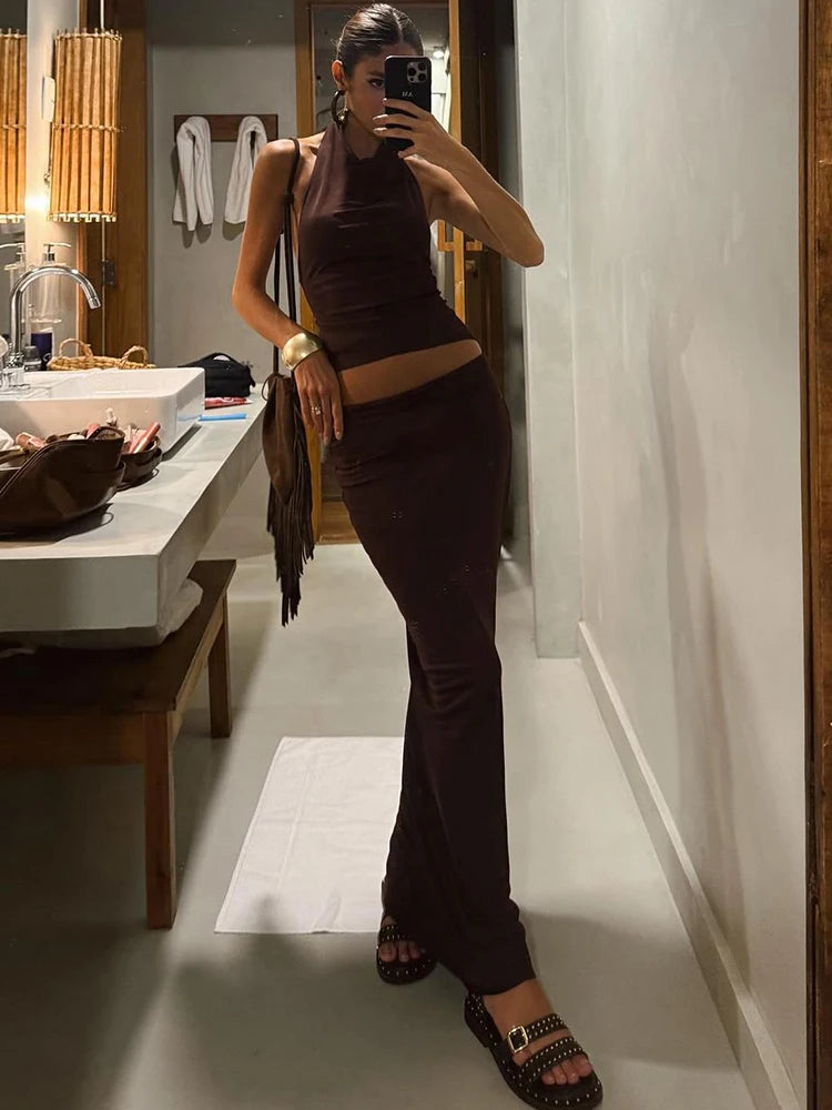 Weird Puss Simple Hollow 2 Piece Set Women Summer Halter Swing Collar Backless Crop Tops+Long Skirts Vacation Matching Outfits