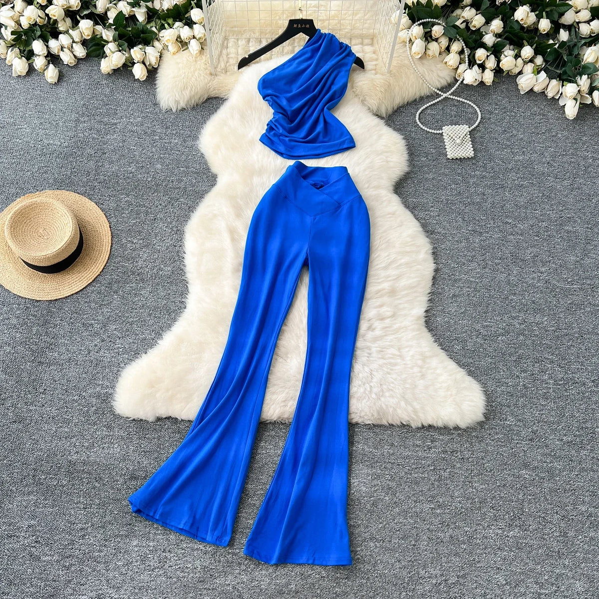 Chic Women Two-Piece Sets Vintage Diagonal Collar Sleeveless Pleated Top and High Waist Flare Pants Korean High Street Clothing