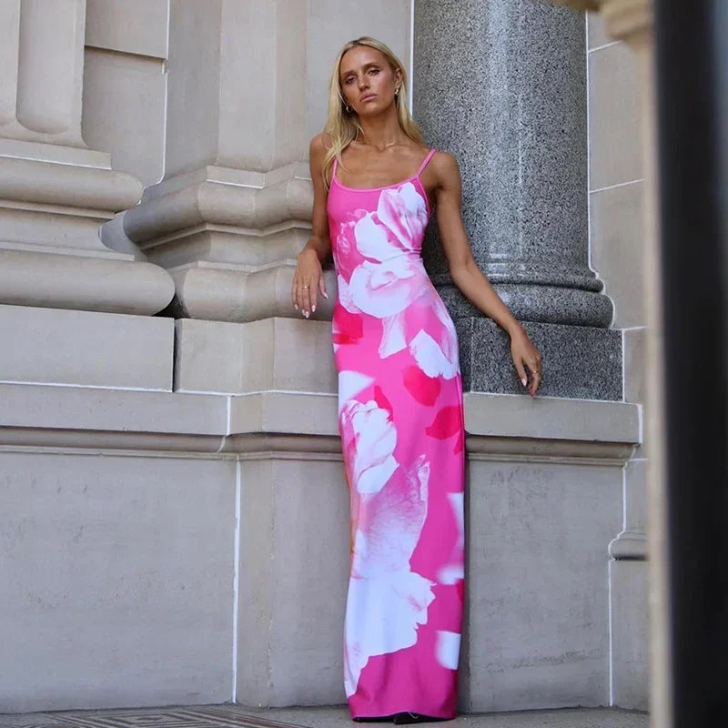 Elegant Printed Backless Long Dress Summer Women's Fashion Contrast Color Party Dress Patchwork Suspender Long Dress 2024 New