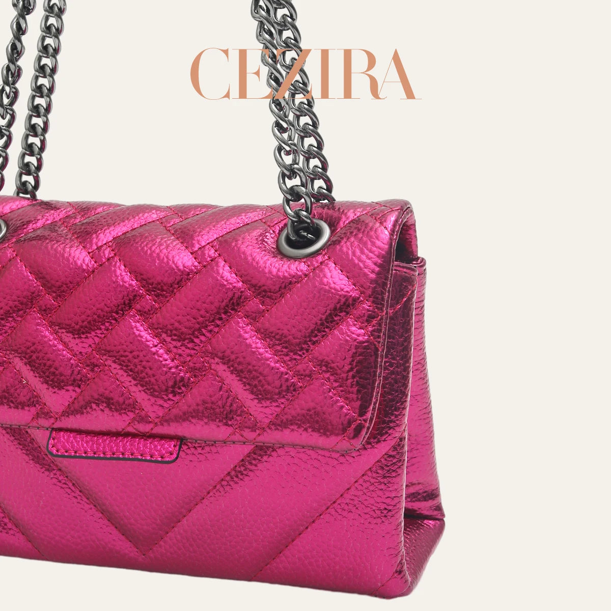 CR Fashion Metallic PU Vegan Leather Handbag For Women Luxury Quilted Flap Messenger Shoulder Bag Long Chain Purse Daily  Travel