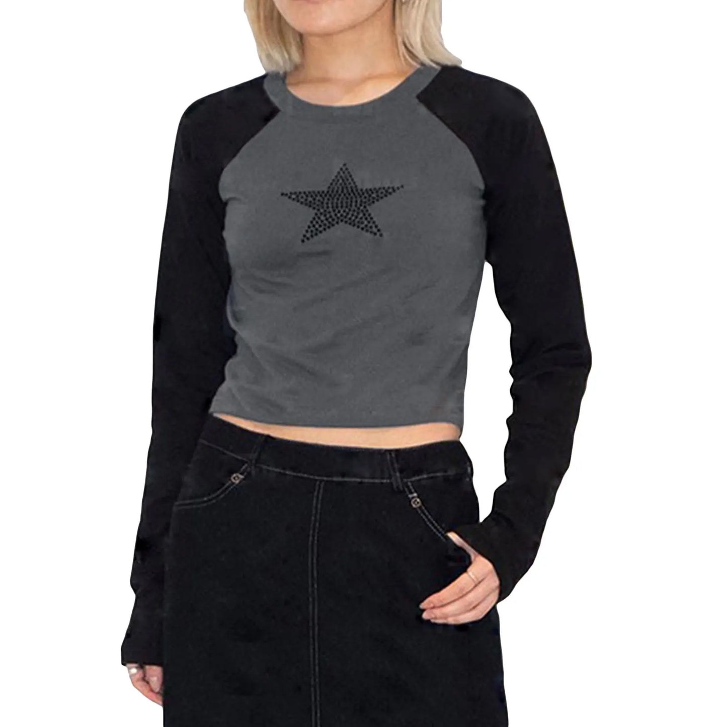 Y2K Harajuku Star Rhinestones Print Crop Top E-girl Gothic Retro Sweats Tees Korean Long Sleeve T-shirt 90s Vintage Streetwear