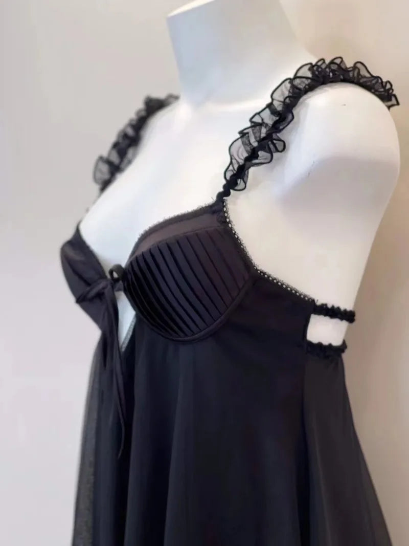 Sexy Pajamas Women's Nightgowns 2023 New Ruffles Lace with Chest Pad Cushion Suspender Pajama Dress Night Sleepwear Lingerie