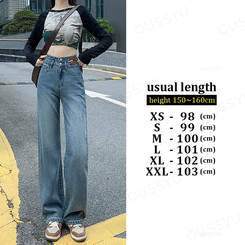 OUSSYU Woman Jeans High Waist Straight Wide Leg Cotton Denim Clothing Blue Streetwear Vintage Fashion Harajuku Women Trousers