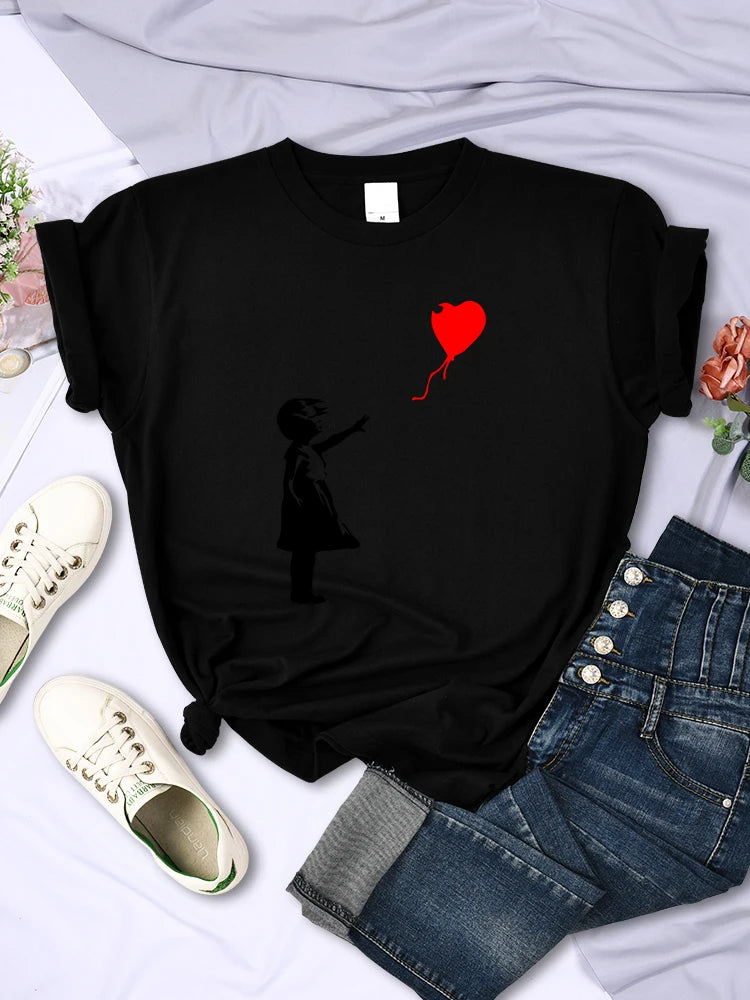 Let'S Fly Love Balloons Prints Womens T-Shirt Soft Breathable Short Sleeve Street Hip Hop Trend Tops Casual Female Tee Clothing