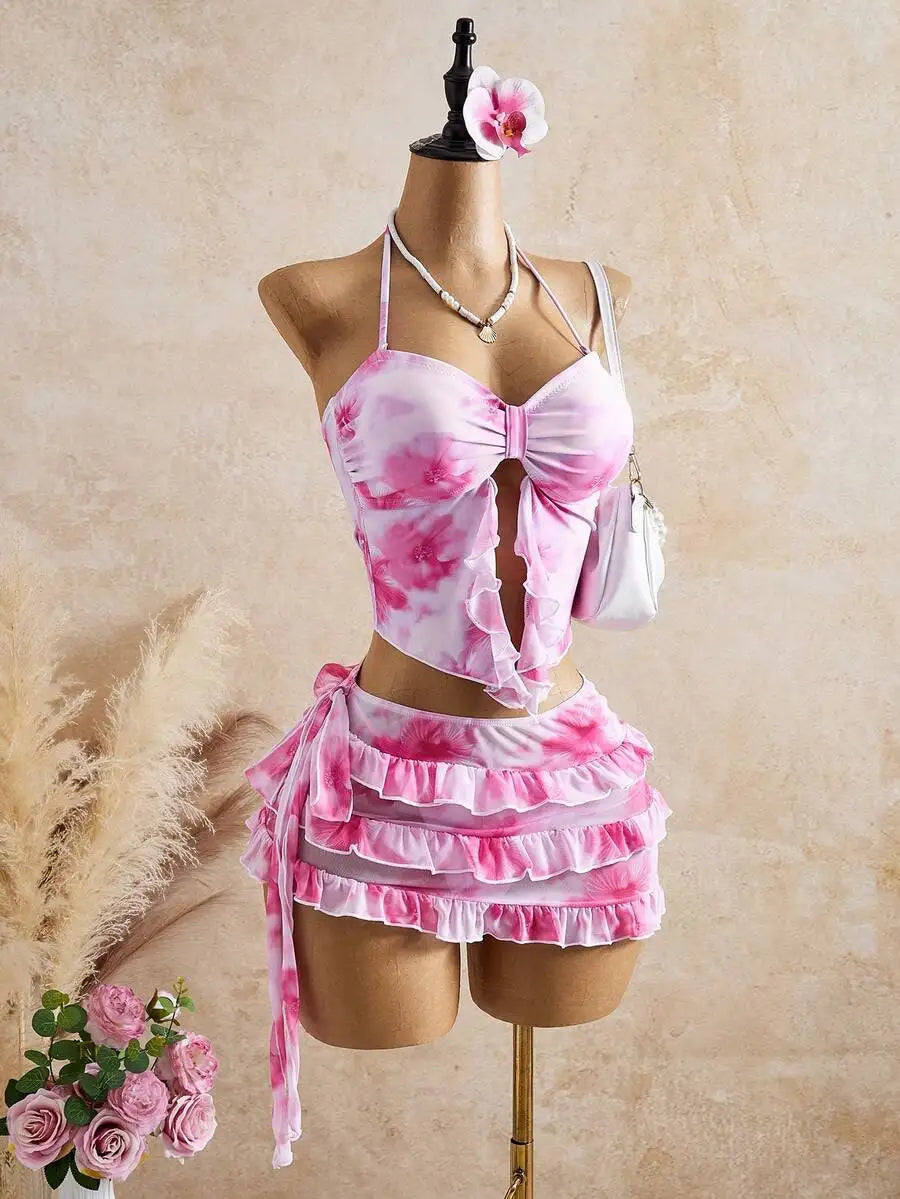 Bellisia Women's Pink Floral Tie-Dye Bikini Set,Summer Casual Holiday Vacation Swimwear,Ruched Bust Flounce Halter Split Tie