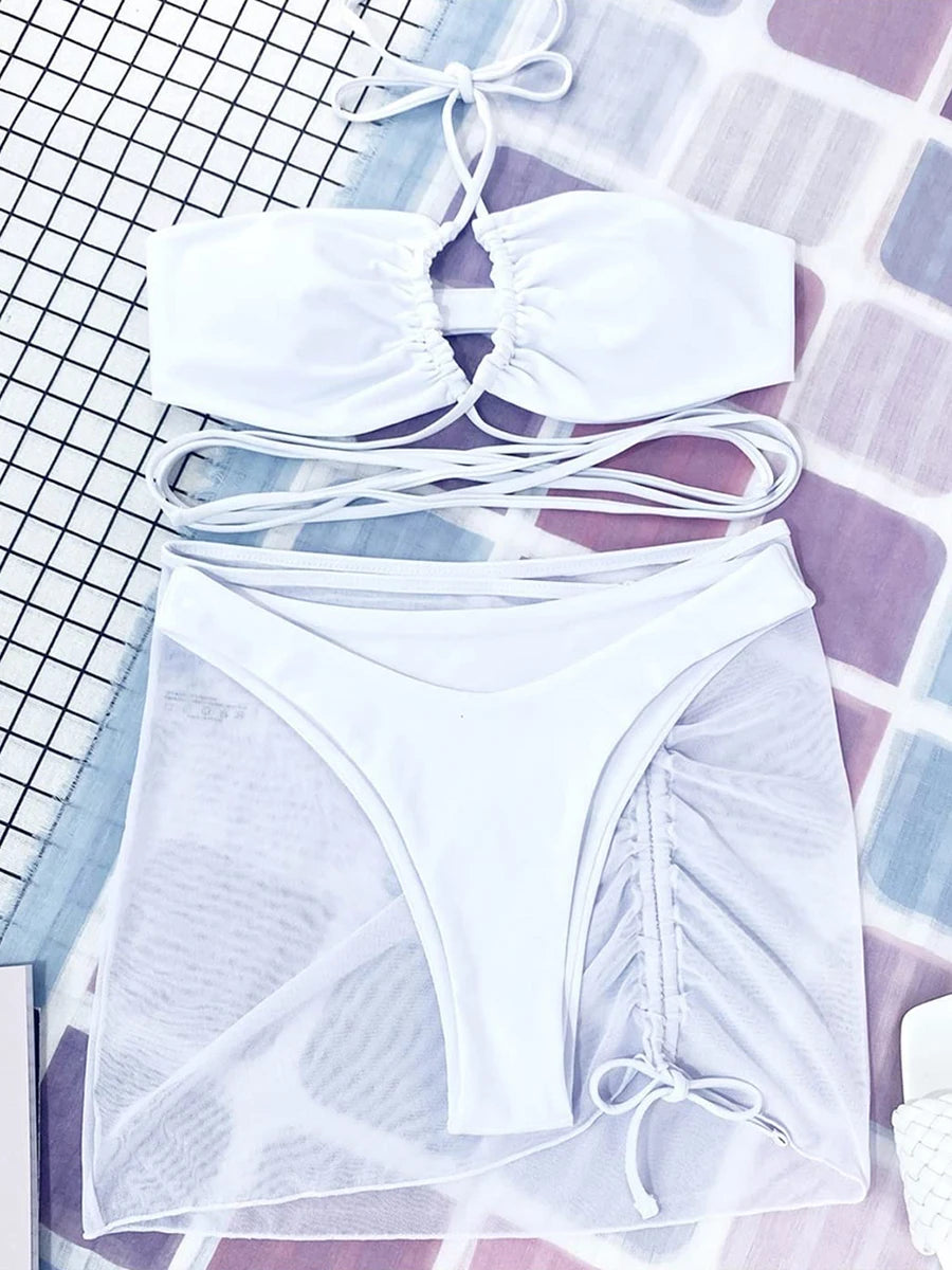 3 Pieces Criss Cross Halter Bikini 2026 Women & Beach Skirt Swimwear Female Sexy Swimsuit Beachwear Bathing Swimming Suit
