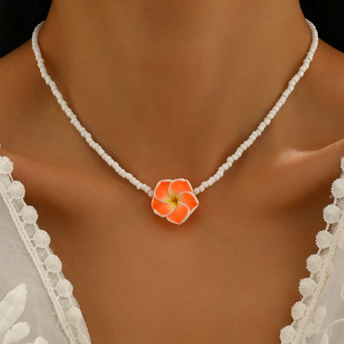 Boho Y2K Polymer Clay Flower Charm Necklace For Women Handmade Beaded Choker Necklace Girls Summer Jewelry Vacation Accessories